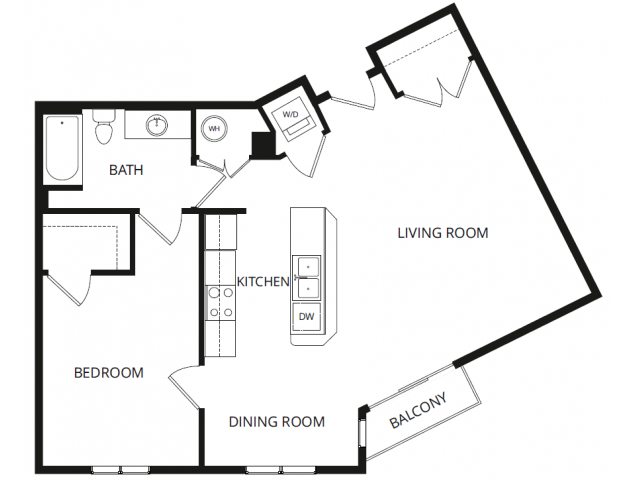 Floor plan for 1 bed, 1 bath, 839 sqft